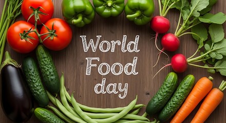 Fresh Vegetables Frame "World Food Day" Text on Rustic Wood Surface