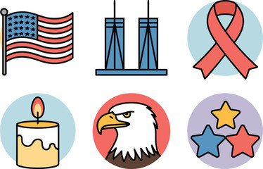 Patriot Day Icons Set – Flag, Ribbon, Eagle, Memorial, Stars Vector Illustration Isolate on White Background
