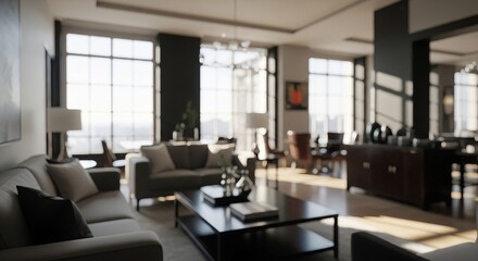 Blurred Background of Bright Modern Luxury Living Room with City View