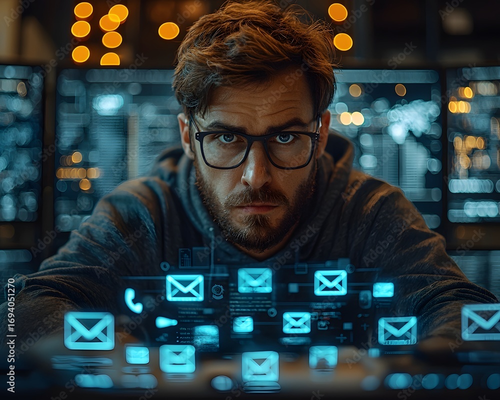 Aufkleber man in glasses intensely analyzing glowing digital interfaces with email notifications on multiple c