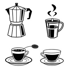 Obraz premium Coffee maker and cups with steam espresso mocha pot