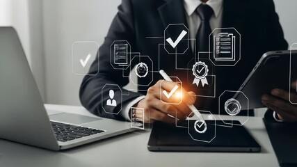 Quality Control & Assurance: Businessman Analyzing and Evaluating Business Standards, ISO Certification, Customer Satisfaction, and Performance Metrics on Tablets and Laptops - Powered by Adobe