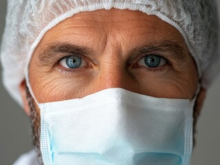 Serious Caucasian man wearing face mask and surgical cap indoors
