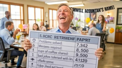 A joyful man laughs at his humorous retirement report card during a lively office farewell party with appreciative colleagues