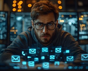 Man in glasses intensely analyzing glowing digital interfaces with email notifications on multiple computer screens