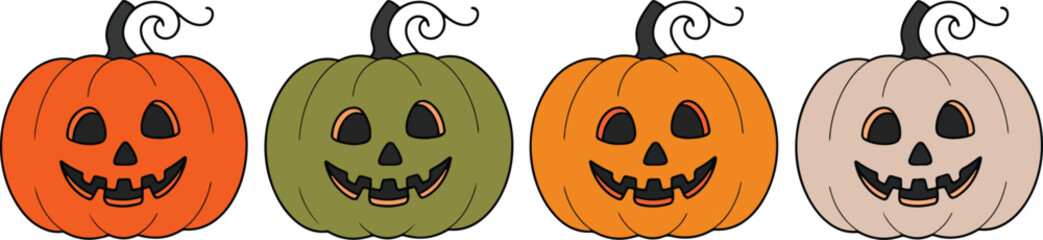 Jack-o’-Lantern Pumpkins Vector Set – Halloween Smiling Faces Icons Vector Illustration Isolate on White Background
