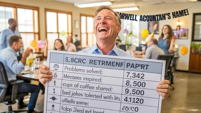 A joyful man laughs at his humorous retirement report card during a lively office farewell party with appreciative colleagues