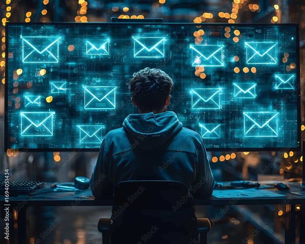 Aufkleber person viewed from behind focused on a large screen displaying numerous glowing email icons in a dar