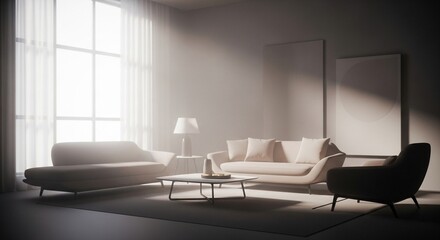 Bright Minimalist Living Room with Modern Furniture and Ethereal Window Light