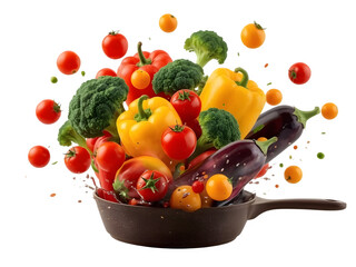 Fresh Vegetables Exploding from Frying Pan – Cooking Action, Healthy Meal Prep, High-Resolution Food Photography, Transparent PNG Overlay