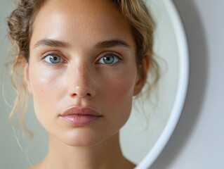 Calm young woman gazing in mirror in bathroom during daytime
