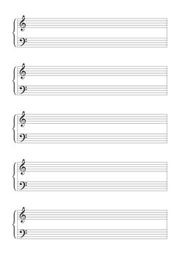 Sheet music notation blank template with treble and bass clef in A4 format	