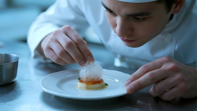 Chef meticulously placing a delicate garnish on a plated dessert in a professional kitchen setting. - Powered by Adobe