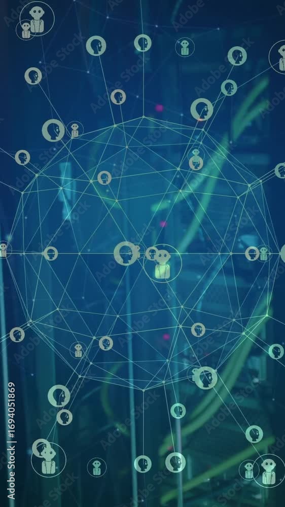 Poster animation of globe with connections and ai icons over computer servers