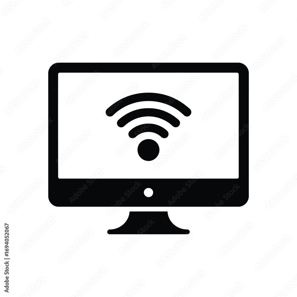 Poster computer monitor displaying a wireless internet signal icon