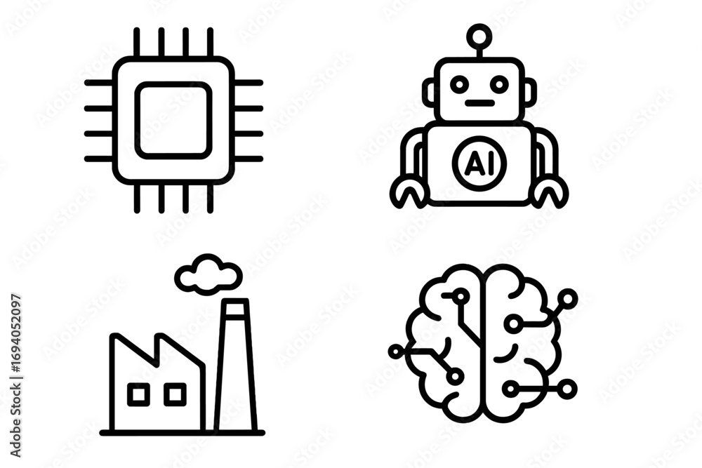 Poster technology line icon bundle with chip, robot, factory, artificial intelligence symbols for graphic d