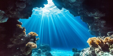 Sunlight Filtering Through Underwater Cavern, Illuminating Marine Life and Coral Reefs Below