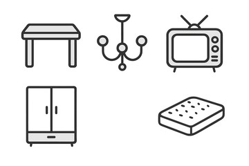 Simple editable stroke icons collection of furniture and home decor items including table, closet, chandelier, TV set, mattress for infographics, articles, banners