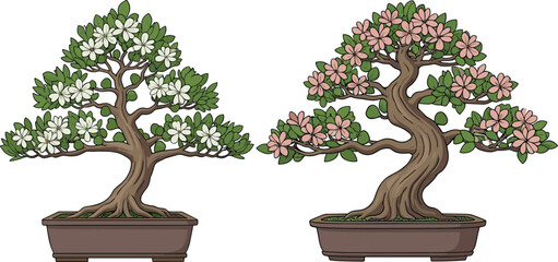 Beautiful bonsai trees in pots with white and pink flowers, lush green leaves, elegant branches, perfect for garden decor, nature art, and design projects.