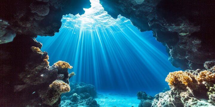 Sunlight Filtering Through Underwater Cavern, Illuminating Marine Life and Coral Reefs Below - Powered by Adobe