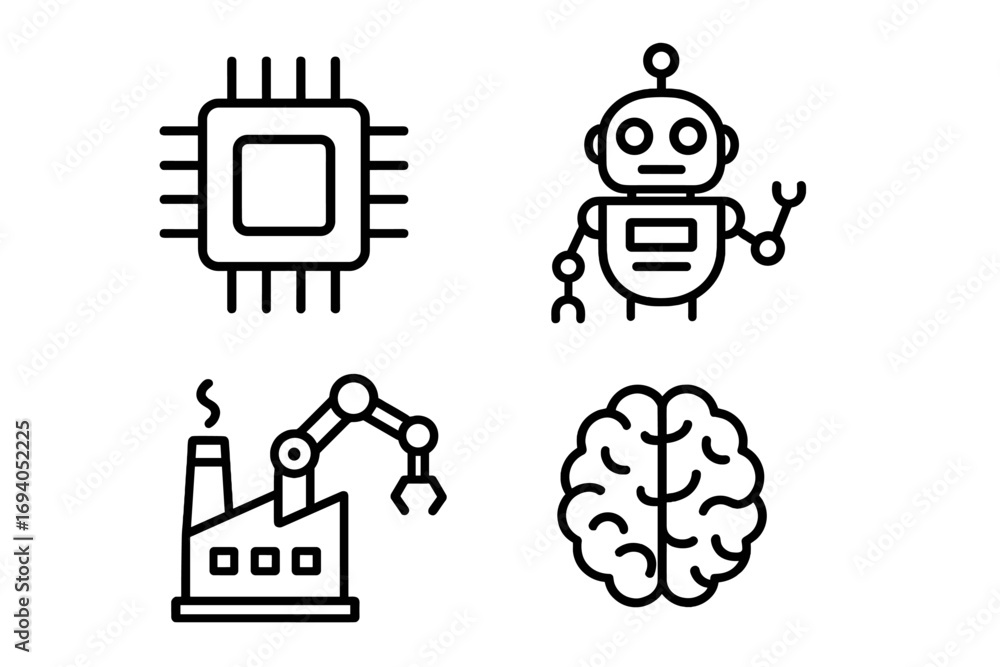Poster technology line icon set with microchip, robot, factory, and artificial intelligence symbols. modern