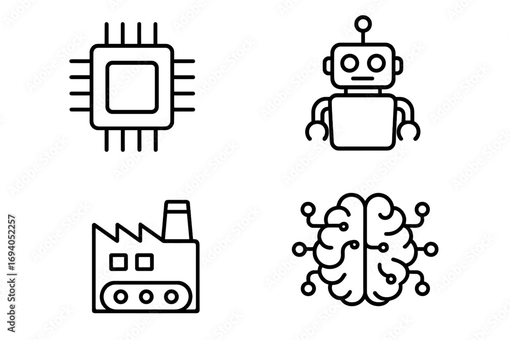 Poster technology line icon set with microchip, robot, factory, and artificial intelligence brain symbols. 