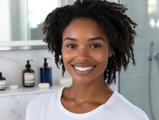 Happy African American woman smiling in bathroom with toiletries