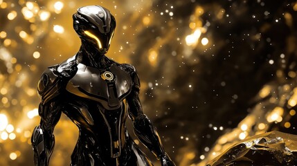 Luminous asteroid belt with glowing edges surrounding a sleek metallic alien with a futuristic cybernetic appearance in an interstellar sci-fi concept.