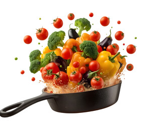 Fresh Vegetables Exploding from Frying Pan – Cooking Action, Healthy Meal Prep, High-Resolution Food Photography, Transparent PNG Overlay