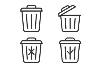 Trash can icon set for UI design, placards, books, apps, websites. Editable stroke vector illustration, cartoon style, transparent background, user interface symbols, digital interface elements