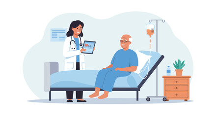 Doctor consulting elderly patient in hospital room.