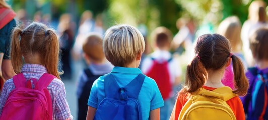 The children with colorful backpacks walking in a sunlit school courtyard together