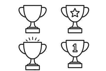 Winning cup simple icon collection, editable stroke vector illustration, trophy symbols with star, number one, and celebration marks, perfect for infographics, articles, books, banners, flyers