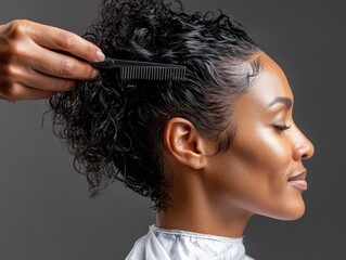 Calm young woman combing hair in studio with soft lighting