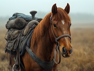Obraz premium A brown horse equipped with a saddle and travel gear standing in a foggy field ready for a journey