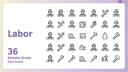Collection of 36 simple line icons representing various labor activities, ideal for design and infographics