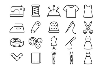 Sewing and garment icon set, thin line editable stroke vector illustrations, fashion tailoring tools, clothing design elements for banners, cards, social media, and app use