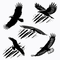 Five soaring eagles with abstract scratch marks bird