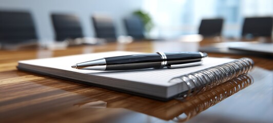 The Pen and Notebook on a Polished Conference Table in Modern Office