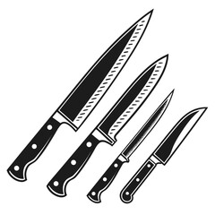 Four black kitchen knives silhouette cutlery cooking