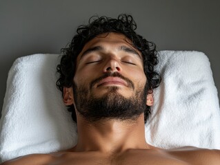 Relaxed young man in spa room with towel during daytime