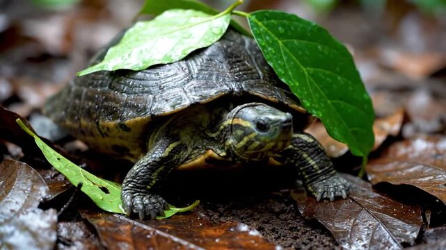 A charming young turtle finds natural camouflage under a fresh green leaf on the damp, earthy floor of a dense forest