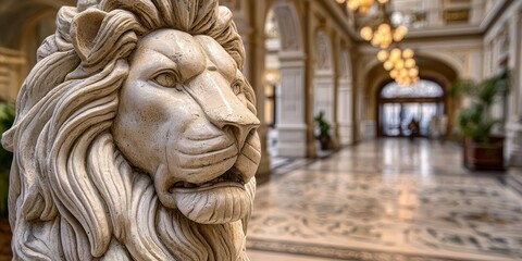 Obraz premium Elegant Entryway with Marble Lion Statue, Stunning Grand Hall Interior, and Artistic Details