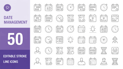 50 Editable Stroke Line Icons for Date Management Calendars, Clocks, Timelines, and Reminders with Timely Planning