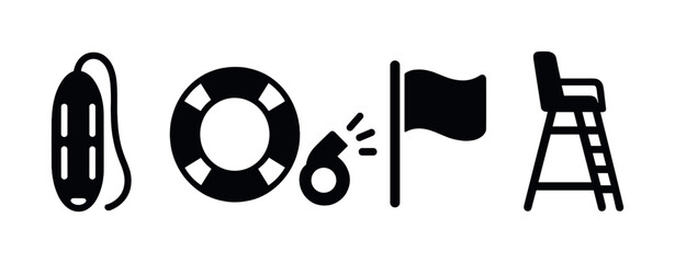 Lifeguard equipment icons: rescue tube, life ring, whistle, flag, chair