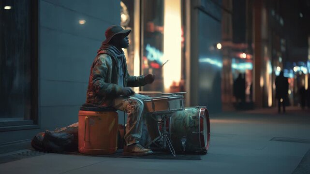 A talented busker performs with a makeshift drum kit on a city street, illuminated by the atmospheric glow of neon lights.