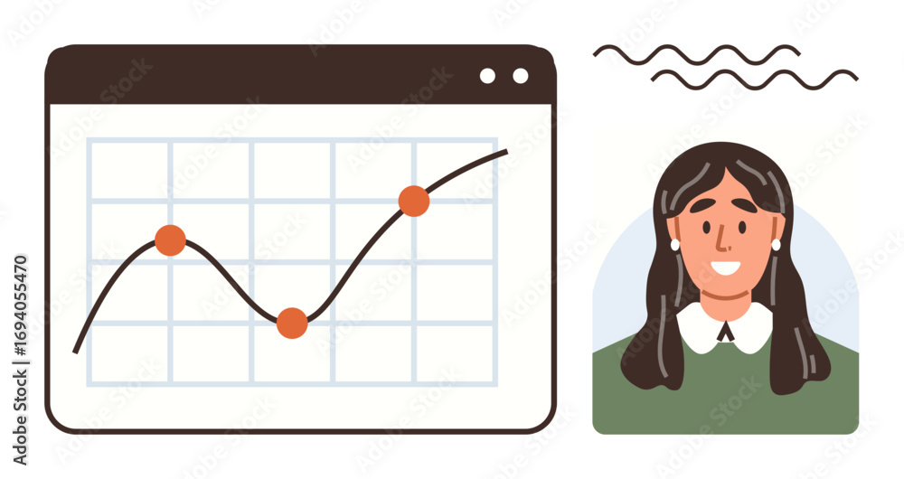 Poster line graph with data points in grid interface and portrait of smiling woman. ideal for data analysis
