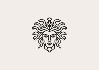 A geometric style line art Medusa logo with a crown of snakes, representing danger, transformation, and mystique