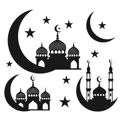 Islamic crescent moon and mosque silhouettes star