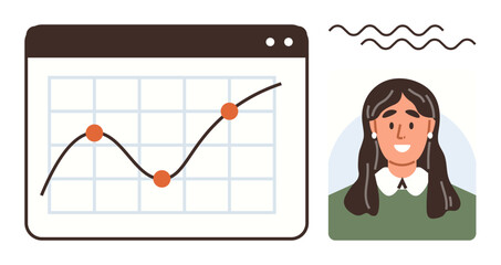 Line graph with data points in grid interface and portrait of smiling woman. Ideal for data analysis, teamwork, presentation, leadership, success, professional development, simple flat metaphor